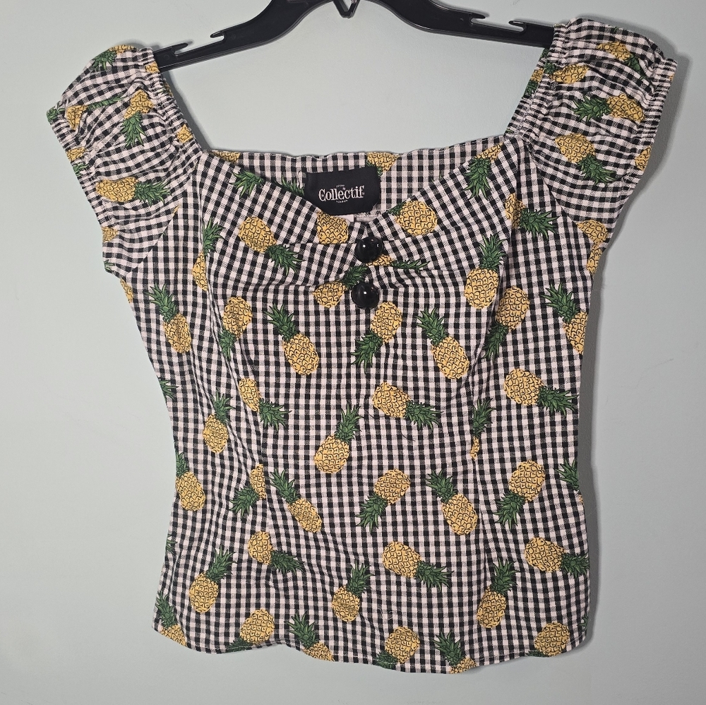 Collectif Women's Pineapple Gingham Retro Vintage Rockabilly Top